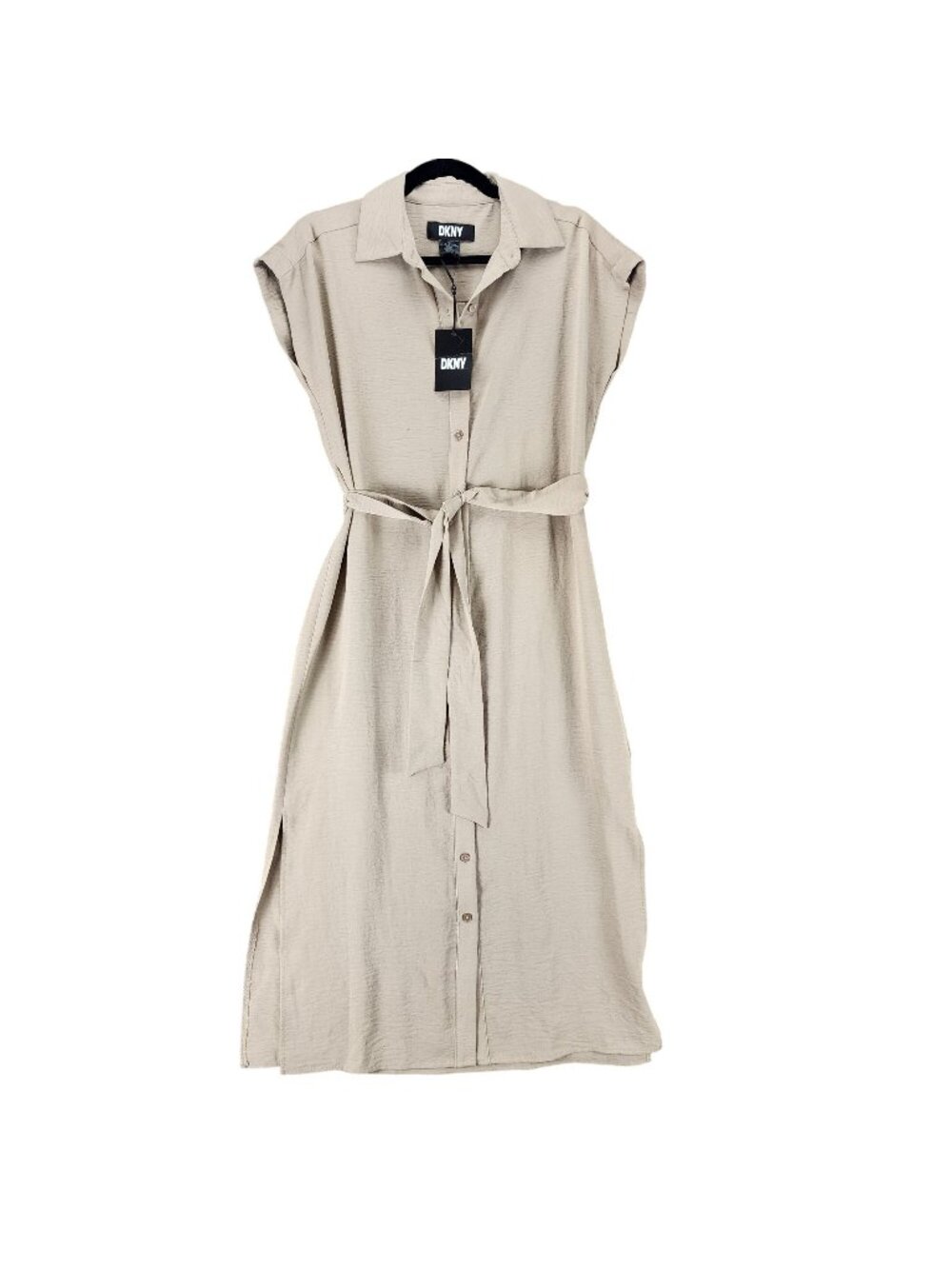 DKNY Dress Womens 2 Tan Cap Sleeve Belted Button Up Shift Midi *NWT*